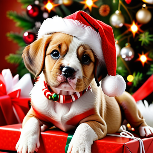 Adorable Puppy in Santa Hat Surrounded by Christmas Decorations and Gifts