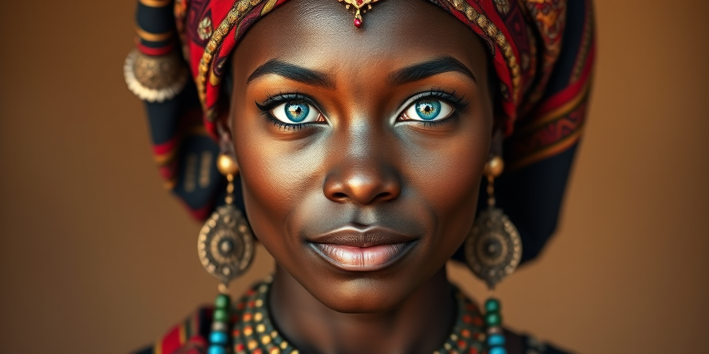 Create a portrait of a beautiful Zulu woman with striking cyan eyes and a gentle expression. She is adorned in traditional attire with intricate patterns, including a richly embroidered headscarf and matching garments. Her jewelry includes a delicate headpiece, dangling earrings, and ornate bracelets, all featuring vibrant gemstones and detailed metalwork. The background is soft and warm, enhancing the rich colors of her outfit and jewelry.