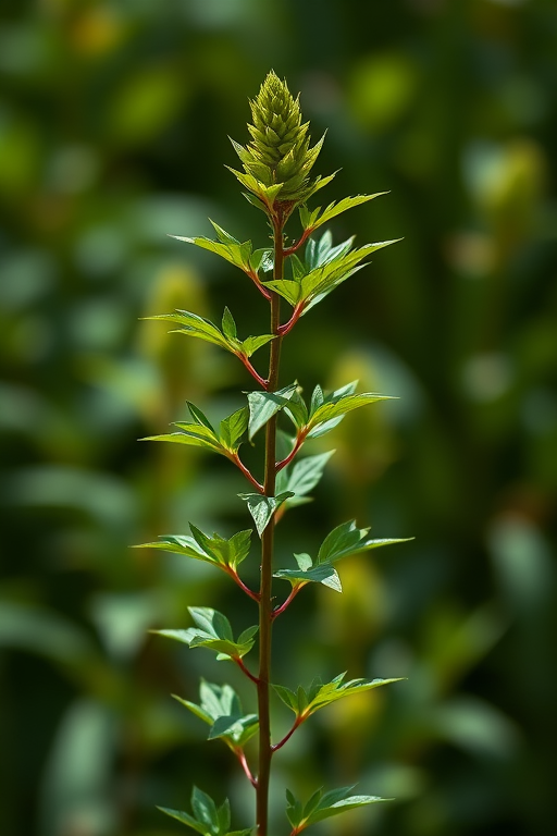 sharp focus on a tall green plant with vibrant leaves against a blurred background, 50mm f/1.8 lens, ISO 400, aperture f/2.8, natural daylight, DSLR camera, shallow depth of field