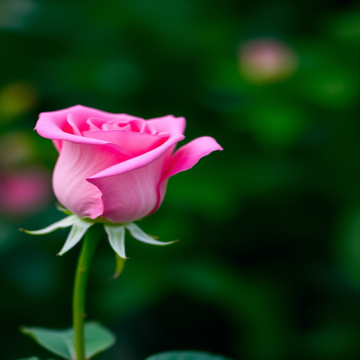 A close-up shot of a pink rose against a blurred green background, using a DSLR camera with a 50mm lens, aperture set to f/1.8, ISO 100, and shutter speed of 1/200s, natural lighting to enhance colors and details.