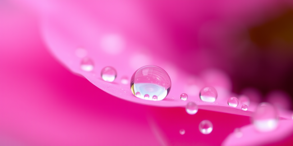 close-up shot of water droplets on a pink background with bokeh effect, f/2.8 aperture, ISO 100, 1/250 sec shutter speed, macro lens, natural soft light, DSLR camera