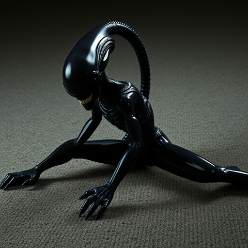 A funny Alien in a stretching position on a textured carpet, with its black, glossy body reflecting dim light. Legs spread wide, upper body bent forward, long segmented tail curving over its back, arching above its head. Face directed at the viewer, showing biomechanical features, sharp teeth, elongated skull. Muscles taut, emphasizing strength in the stretch. Minimalist environment, focusing on the creature's athletic pose. Photorealistic quality.