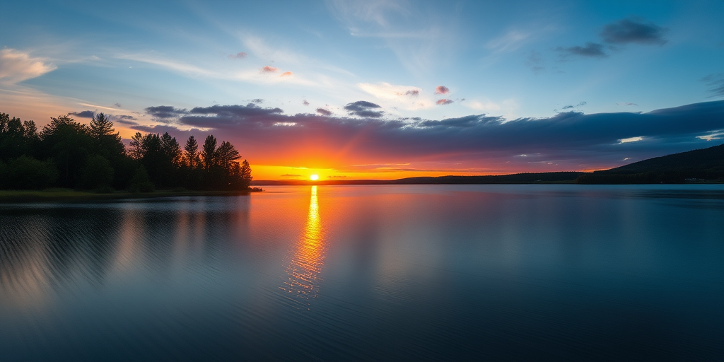Generate a high-resolution image of a sunset over a serene lake, shot with a Canon EOS R5, using a 24mm lens at f/8, ISO 100, with a long exposure of 2 seconds, in landscape orientation for optimal detail and color vibrancy.