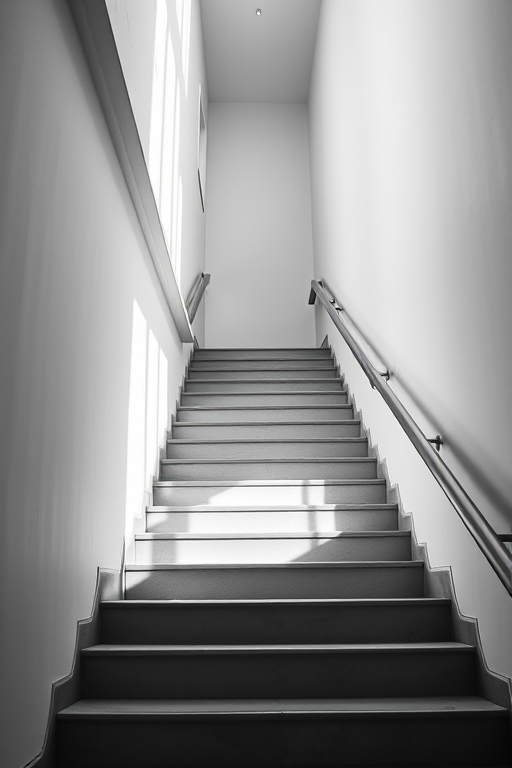 Create an abstract black and white image of a staircase with sharp angles and clean lines, shot with a Canon EOS R5, 50mm f/1.2 lens, aperture set to f/8, ISO 100, using a low-angle view and soft natural light to enhance contrast and details.