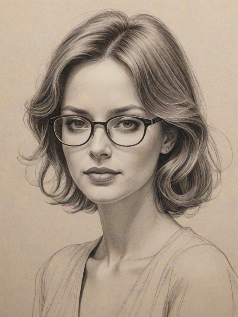 Graceful Cristina Ricci, pencil sketch, portrait of Exquisite woman 1977s in glasses, hair style beatnik, outline, clear lines, fine lines, 8k