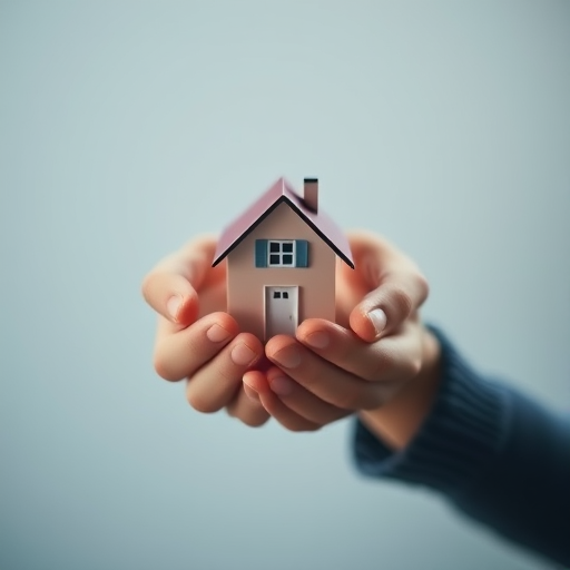 Create an image of a small house being cradled between two hands with a soft gradient background, captured with a DSLR camera using a 50mm lens at f/2.8, ISO 100, with a slight bokeh effect, focusing on the hands and house in sharp detail.