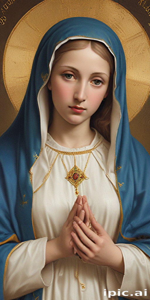 Portrait of a Serene Young Woman in a Blue Cloak with Praying Hands