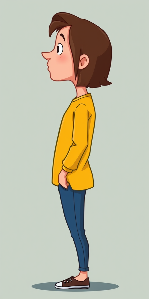 Generate a cartoon-style character standing in profile, wearing a yellow long-sleeve shirt and blue pants, with medium-length brown hair; camera settings: ISO 100, f/4, 1/100s; camera view: side view; camera style: vibrant colors; camera type: digital illustration.