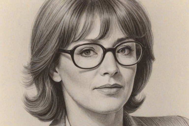 Radiant Patricia Richardson, pencil sketch, portrait of Pleasing woman 1979s in glasses, hair style beatnik, outline, clear lines, fine lines, 8k