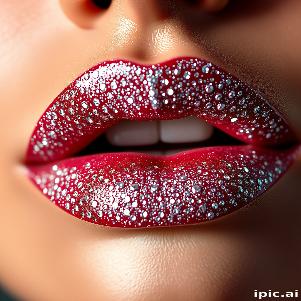 Dazzling diamond-dusted lips with a high-shine finish, sparkling and catching the light beautifully, captured in a glamorous and luxurious beauty close-up