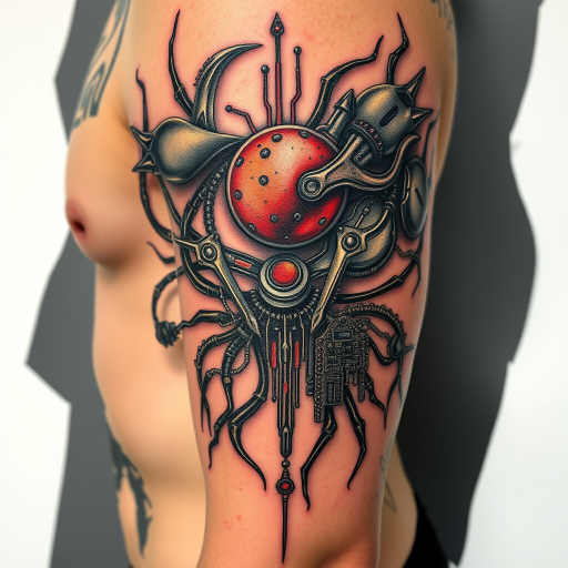 Biomechanical tattoo titled "Cybernetic Awakening" featuring a fusion of organic forms and mechanical components, showcasing hyper-realistic metal textures and exposed circuitry beneath torn skin