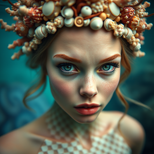 Create a hyper-realistic underwater portrait of a mermaid with scales, adorned with a crown of seashells and corals, featuring enchanting green eyes, soft diffused lighting, high-resolution quality, shot with a Canon EOS 5D Mark IV, 50mm lens at f/1.8, ISO 100, in a medium close-up view with a slight bokeh effect on the background.