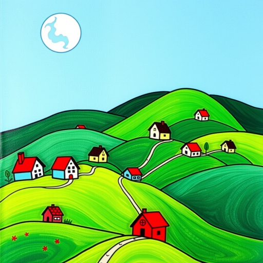 Create an artwork depicting a whimsical,  vibrant green landscape with rolling hills dotted with quaint houses  with red roofs under a moon in the last quarter, in a bright sky.