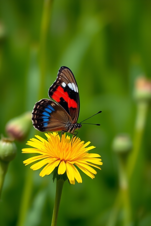 Generate an image of a colorful butterfly perched on a bright yellow dandelion flower in a lush green field. The butterfly should have vibrant red and blue patterns on its wings, and the background should feature soft, blurred greenery to create a serene atmosphere.