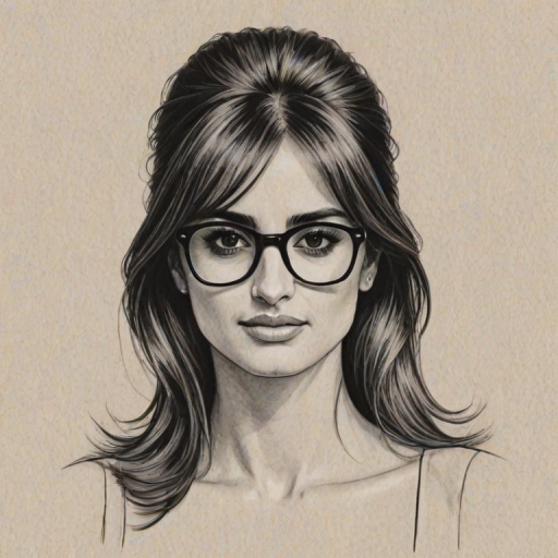 Sublime Penelope Cruz, pencil sketch, portrait of Enticing woman 1972s in glasses, hair style beatnik, outline, clear lines, fine lines, 8k