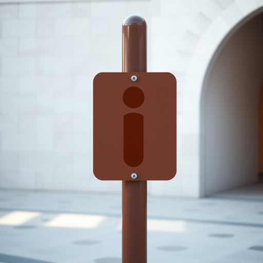Create a high-resolution image of a brown tourist information sign featuring a large lowercase "i" symbol, captured with a DSLR camera at f/8 aperture, ISO 100, 1/250 sec shutter speed, shot in portrait orientation with a neutral background and soft natural lighting.