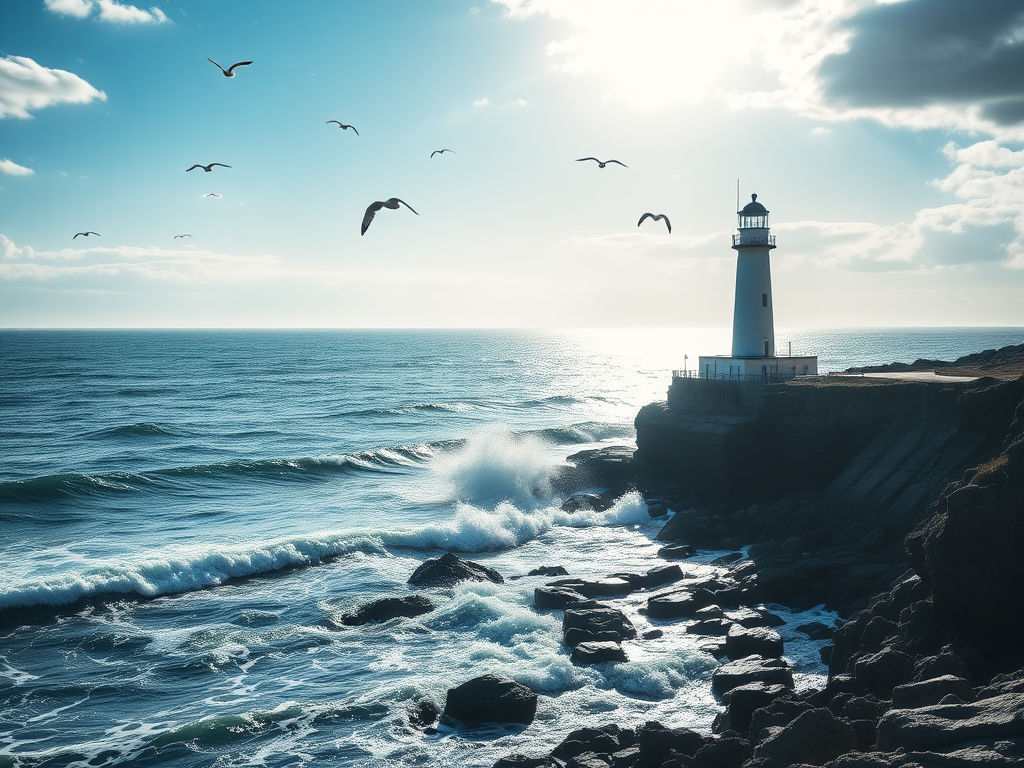 Sharp, high-contrast photo of a lighthouse standing tall on a rocky coastline, waves crashing against the rocks below, soft sunlight filtering through the clouds, distant seagulls flying overhead, the sound of the ocean filling the air.
