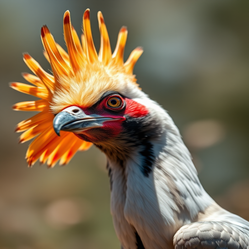 Create a highly detailed image of a secretary bird with vibrant colors and sharp focus, using a DSLR camera, 50mm lens, f/1.8 aperture, ISO 100, and a shallow depth of field for a blurred background, shot at eye level on a sunny day in natural light.