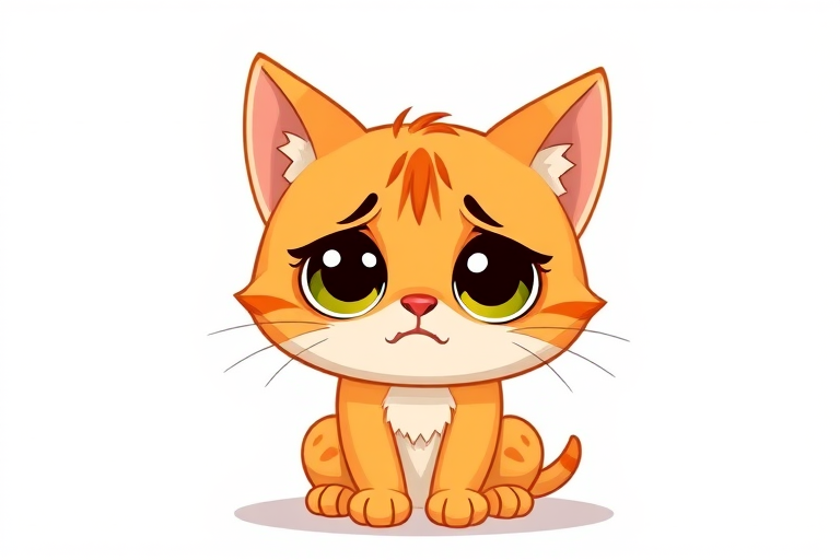 Create a cute, cartoon-style illustration of an orange kitten with big eyes and a sad expression, set against a white background, using a Canon EOS R5 camera with a 50mm f/1.2 lens, at an aperture of f/2.8, ISO 100, and a soft-focused depth of field for enhanced image quality.