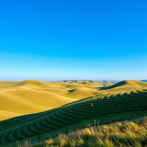 Generate a high-resolution image of a serene landscape featuring rolling hills under a clear blue sky, shot with a Canon EOS R5, 24mm lens, f/8 aperture, 1/200s shutter speed, ISO 100, taken from a wide-angle perspective with vibrant colors and fine detail.