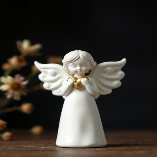 portrait of a white porcelain angel figurine with a gold heart against a dark background with blurred dried flowers, shallow depth of field, f/1.8 aperture, 50mm lens, ISO 200, soft natural lighting, captured with a DSLR camera