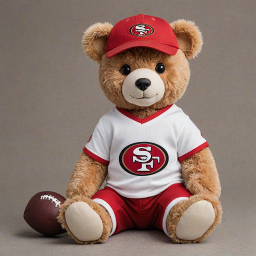 A cute and fluffy teddy bear dressed in a San Francisco 49ers-themed outfit, wearing a red cap with the 49ers logo, aviator sunglasses, and a white football jersey with red accents. The bear is also wearing casual jeans and red and white sneakers, while sitting in a relaxed pose with a football beside it. The teddy bear has a cool, laid-back attitude, with a sporty vibe. The background is clean and minimal, highlighting the bear as the main focus.