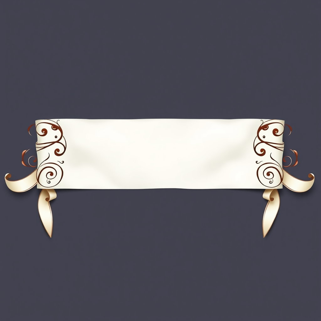 Create an elegant, blank ornate banner with flowing ribbon designs on both ends, high resolution, shot with a Canon EOS R5 at f/2.8, ISO 100, 50mm lens, natural diffused light, top-down view.