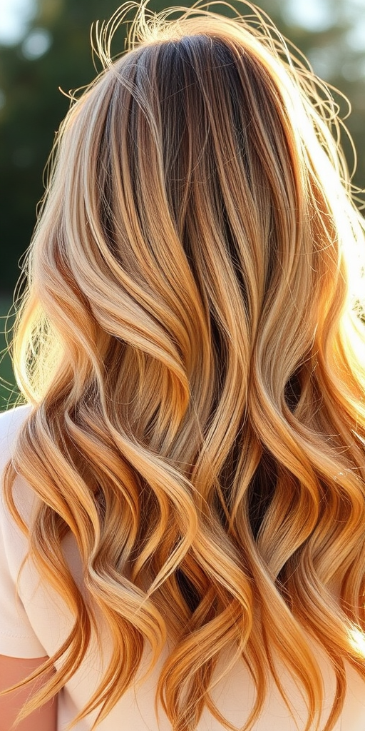 Lustrous honey blonde locks in the "Golden Hour" style cascade in loose, effortless waves with sun-kissed dimension and movement