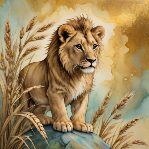 Soft, muted Alcohol Ink with ebru effect background image of tiny whimsical lion, who climbed high on the top of a golden rye ear.
