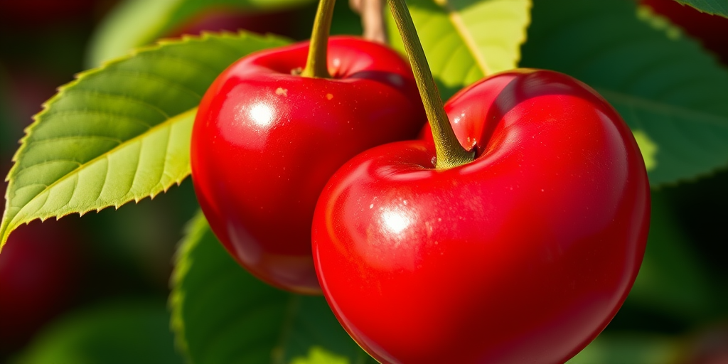 Create a vibrant illustration of two cherries with green leaves, captured in a high-resolution digital format, using a macro lens at f/2.8, with natural lighting to enhance the color contrast and detail, viewed from a slightly elevated angle.