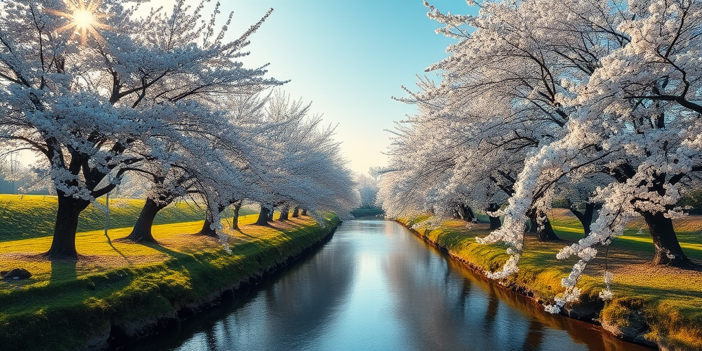 a serene landscape with cherry blossom trees in full bloom on either side of a tranquil river, soft sunlight filtering through the blossoms, creating a magical atmosphere, 50mm lens, f/1.8 aperture, ISO 100, natural light, shot in HDR with a DSLR camera