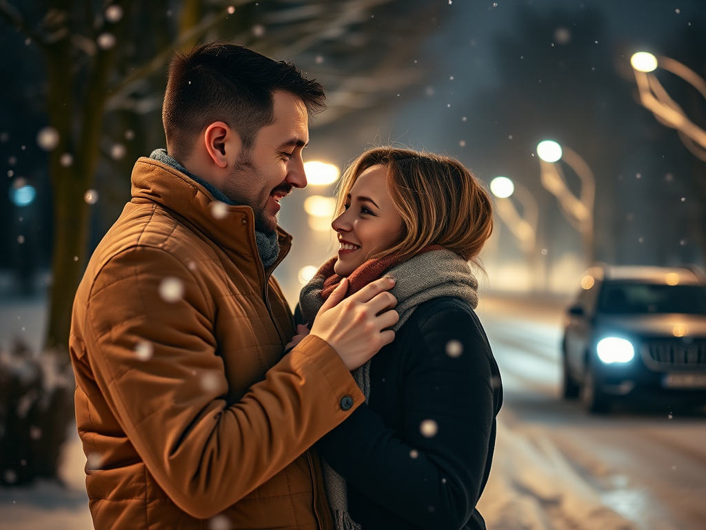 Create a romantic winter scene featuring a couple outdoors at night, capturing a warm moment as the man adjusts the woman's scarf, soft snow falling around them, with a softly lit background of trees and a car in the distance; use a Canon EOS 5D Mark IV, aperture f/2.8, ISO 400, 50mm lens, and a shallow depth of field to enhance focus on the couple while gently blurring the background.