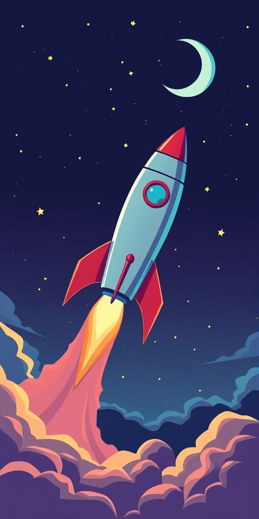 Create a vibrant digital illustration of a retro rocket ship blasting off against a night sky with stars and a crescent moon, using a wide-angle lens with an f-stop of 8 for depth of field, a resolution of 300 dpi for high quality, and an 8-bit color palette to enhance the cartoonish style.