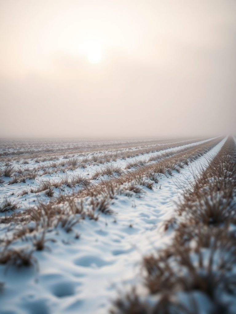 winter landscape with snow-covered field and fog, early morning light, shallow depth of field, ISO 100, f/4.0, 1/125 sec, 24mm lens, DSLR camera, slight vignette effect, soft colors and high contrast