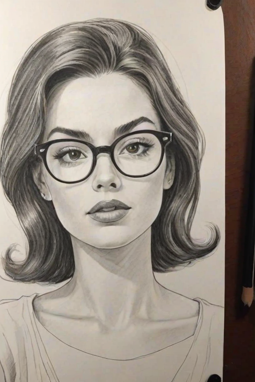 Enticing Jade Tailor, pencil sketch, portrait of Fetching woman 1965s in glasses, hair style beatnik, outline, clear lines, fine lines, 8k
