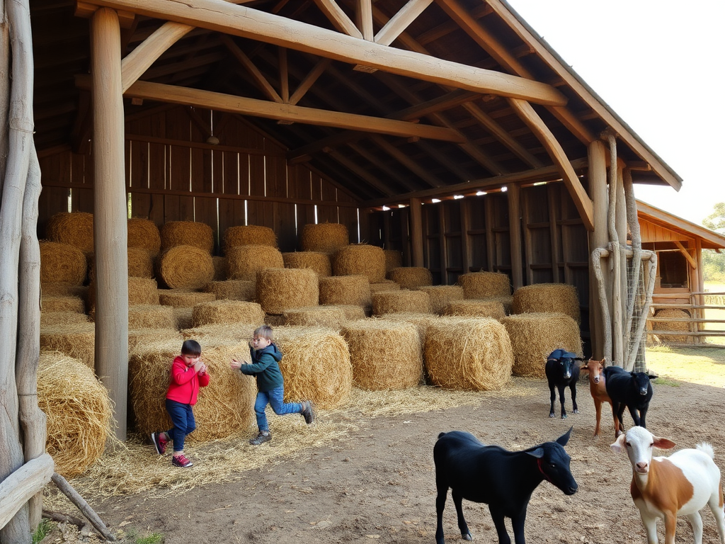 Rustic barn filled with hay bales, children playing hide and seek, and farm animals nearby, capturing the essence of rural life and childhood fun.