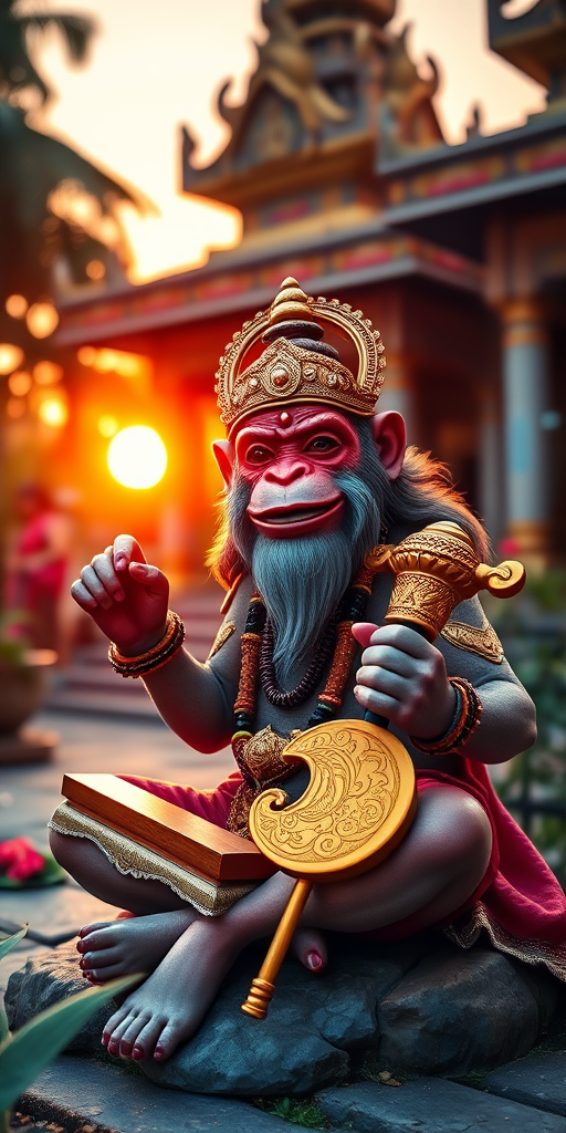 Create a vibrant, high-resolution image of a playful monkey god sitting with a golden mace in a lush temple setting, backlit by a warm sunset, using a Nikon D850 camera with a 50mm lens, aperture set to f/1.8, ISO 200, and a soft focus to enhance the magical atmosphere.