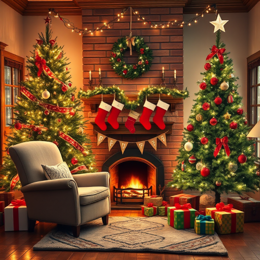 Create a warm and inviting holiday scene featuring a beautifully decorated Christmas tree with twinkling lights, stockings hung above a cozy fireplace, and festive decorations around the room. Include a comfortable armchair and a soft rug on the floor, with gift boxes wrapped in colorful paper nearby. The overall atmosphere should be cheerful and magical, evoking the spirit of the holiday season.