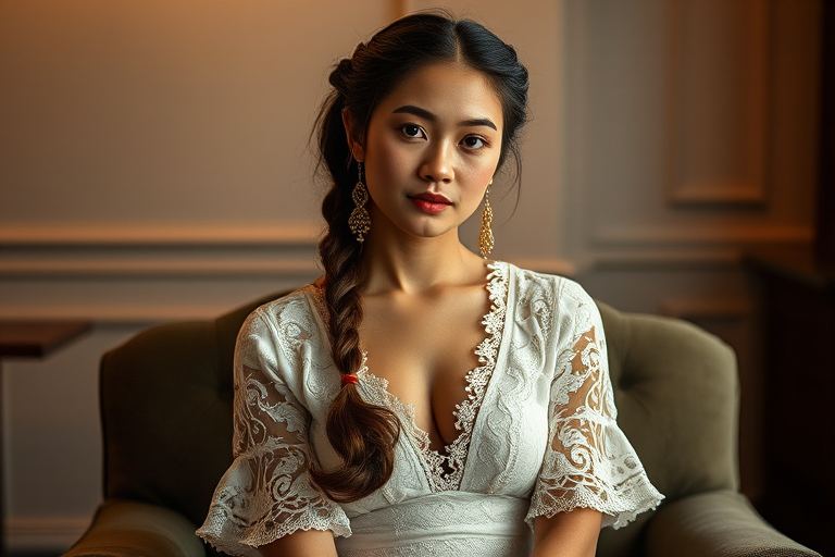 Create a portrait of a refined and elegant Tibetan woman seated in a sophisticated setting. She has long, wavy hair styled in two thick braids that are pulled over her shoulders. She wears a white, lace gown with intricate patterns, featuring a deep V-neckline and short sleeves. The dress exudes a vintage charm with its delicate lacework. She is adorned with ornate, dangling earrings that add a touch of glamour to her appearance. The background is softly lit, with warm, ambient lighting that creates a cozy and inviting atmosphere. Her expression is poised and serene, capturing a sense of grace and elegance.