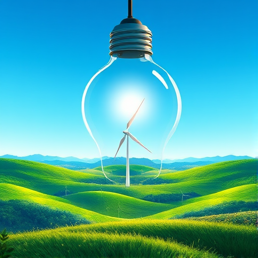 Create a vibrant illustration of a light bulb silhouette filled with a landscape of rolling green hills and wind turbines under a clear blue sky, using a digital art style, 4K resolution, wide-angle view, and soft lighting to enhance detail and color saturation.