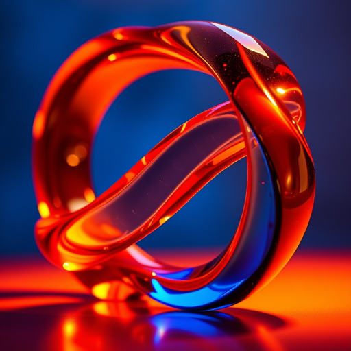 A highly detailed close-up shot of a vibrant infinity symbol sculpture made of intertwined glossy resin in orange, red, and blue hues, illuminated by soft blue and warm orange backlighting, using a Canon EOS R5 camera with a 50mm lens, aperture set to f/1.8, ISO 100, and shutter speed at 1/125 second for enhanced depth of field and clarity.
