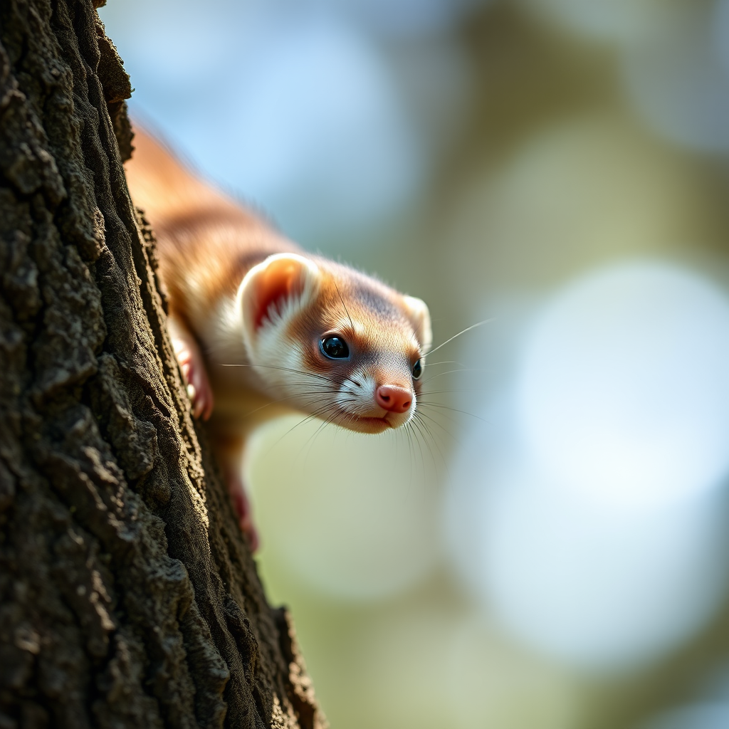 Capture a sharp close-up of a weasel on a tree trunk, using a Canon EOS R5 camera with a 100mm macro lens, aperture set to f/2.8, ISO 200, shutter speed 1/500 sec, in natural light, focus on the animal with a blurred background for depth.