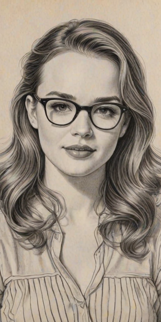 Exquisite Kay Panabaker, pencil sketch, portrait of Superb woman 1947s in glasses, hair style beatnik, outline, clear lines, fine lines, 8k