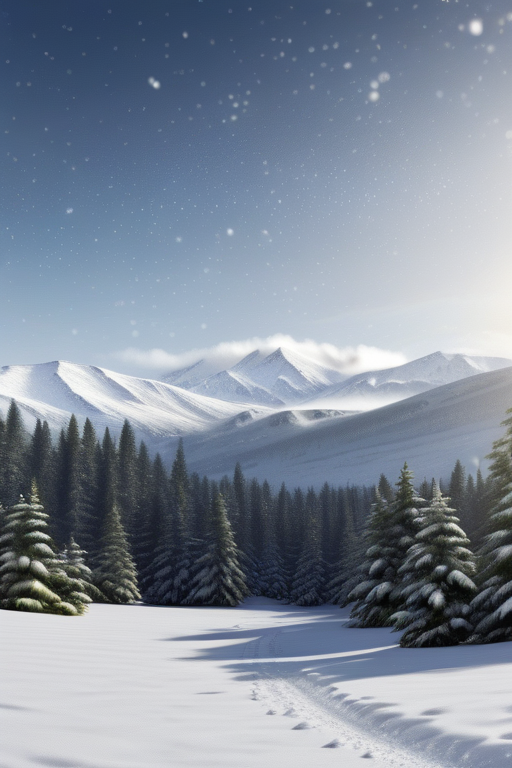A Serene Winter Landscape Featuring Snow-Covered Mountains and Pine Trees.