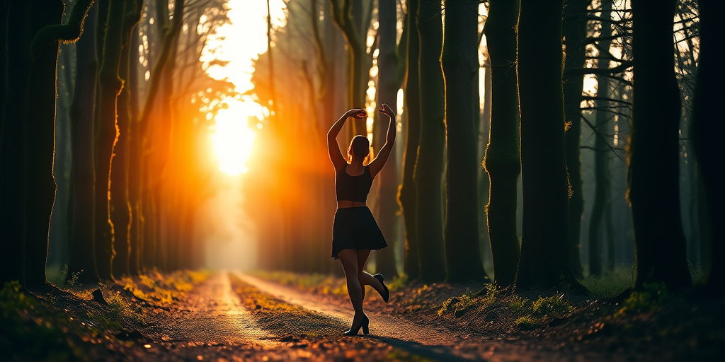 A serene forest pathway illuminated by soft golden light at dusk, featuring a graceful silhouette of a woman dancing with arms raised, surrounded by tall mossy trees, captured with a Canon EOS R5, 50mm lens, f/1.8, ISO 200, 1/125s, using a shallow depth of field to enhance background blur and focus on the subject.