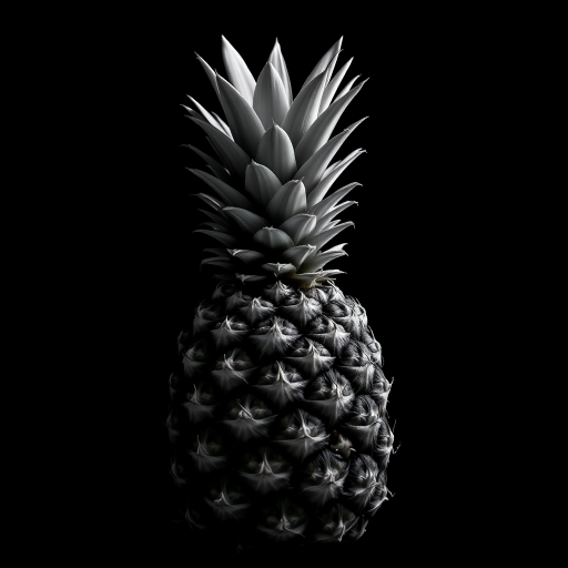 Create a high-contrast black and white image of a pineapple. The pineapple should be prominently featured with a dramatic lighting effect to highlight its texture and details. The background should be completely black to enhance the focus on the pineapple, emphasizing its unique spiky crown and rough skin.