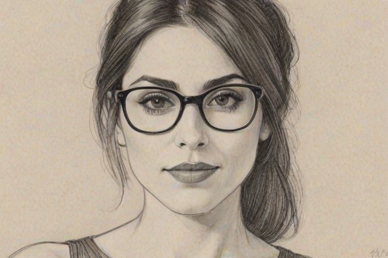 Graceful Carly Pope, pencil sketch, portrait of Radiant woman 1924s in glasses, hair style beatnik, outline, clear lines, fine lines, 8k