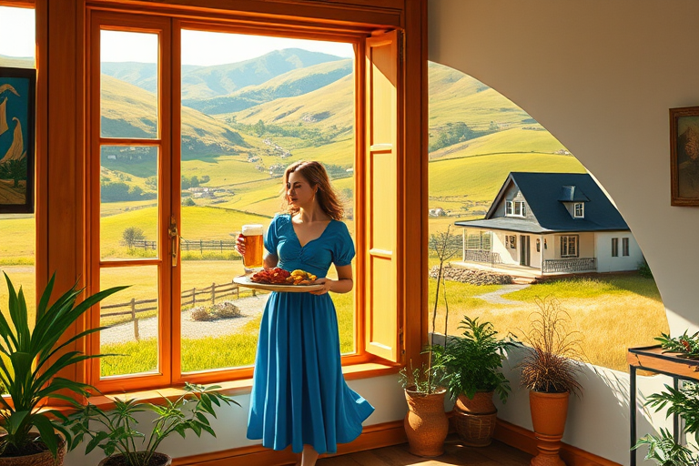 In "A Glass of Beer on the Highland," a serene scene is depicted in a sunlit room where a woman in a vibrant blue dress stands by a large window. She holds a tray with a hearty meal and a frothy glass of beer, embodying a moment of relaxation. Outside, the breathtaking highland landscape features rolling green hills and a charming traditional house, all bathed in warm afternoon light. The interior is adorned with potted plants, creating a harmonious blend of comfort and nature. The painting beautifully captures the tranquility and joy found in simple pleasures amidst stunning scenery
