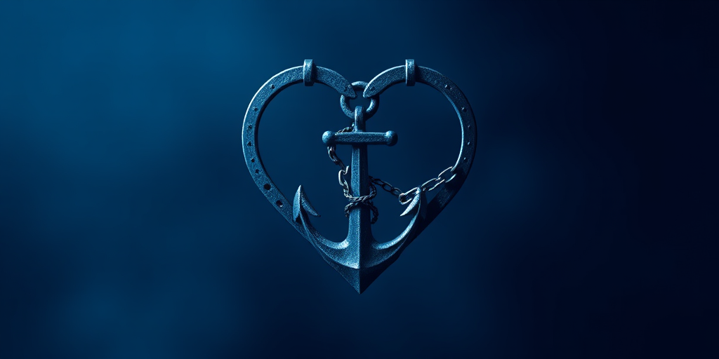 Create an intricate design of a heart incorporating an anchor and chain in a deep blue color scheme, shot with a DSLR camera at f/2.8 aperture, ISO 100, 50mm lens, and a soft focus background for enhanced contrast and detail.