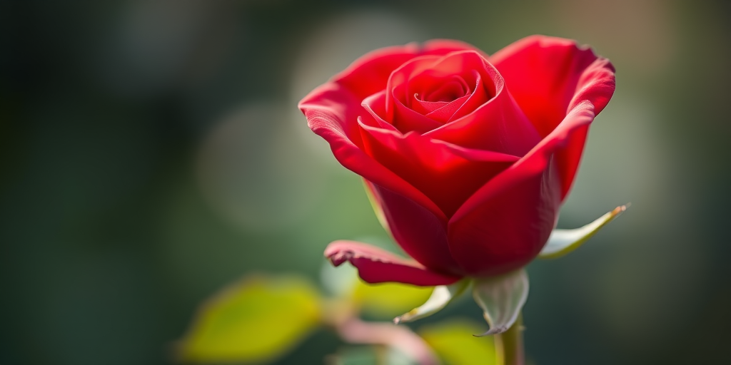Close-up of a single red rose on a stem with green leaves, with a blurred background, shot with a DSLR camera, aperture f/2.8, ISO 100, 50mm lens, natural light, shallow depth of field for enhanced focus on the rose.